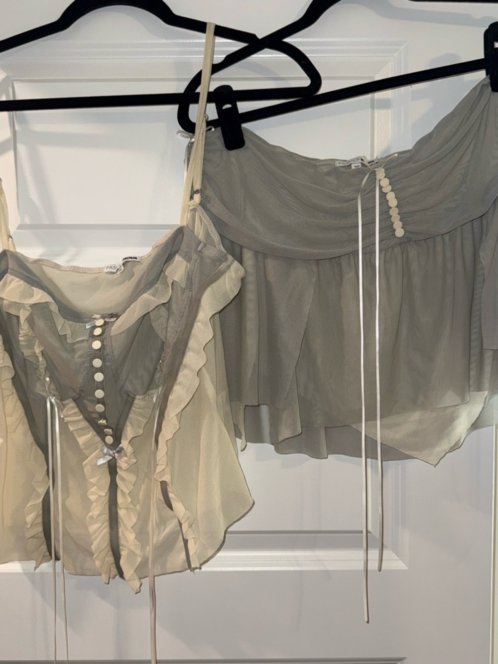 Sheer Ruffle Layered Corset Top and Skirt Set in Light Grey and Cream